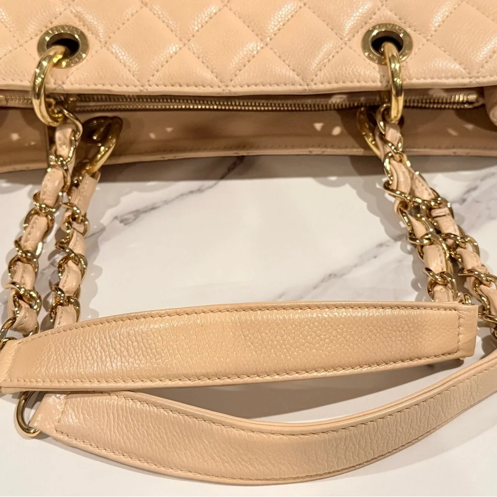 Authentic CHANEL Quilted Caviar GST large Tote in Beige with Gold Hardwar